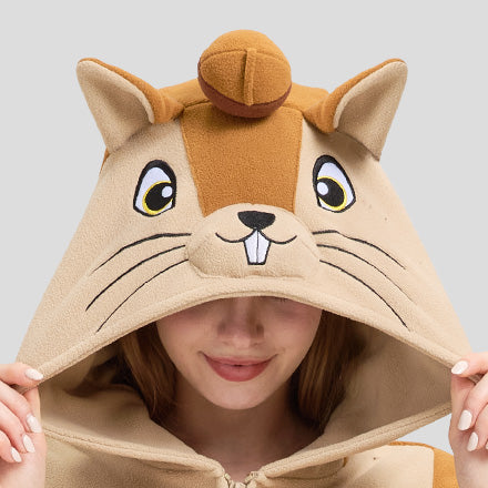 Adult Squirrel Onesie Costume – Woodland Critter Pajamas with Bushy Tail & Embroidered Face for Halloween & Cosplay