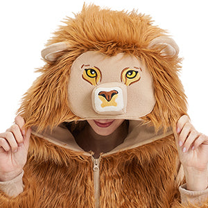 Adult Lion Onesie Costume – Majestic King of the Jungle Pajamas with Embroidered Face & Plush Fur Trim for Halloween