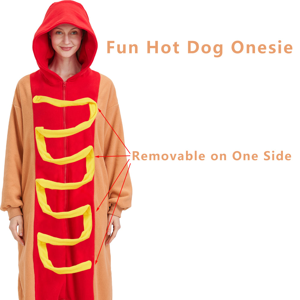 Adult Hot Dog Onesie Costume – Funny Food Pajamas with Removable Mustard Strip for Halloween & Costume Parties