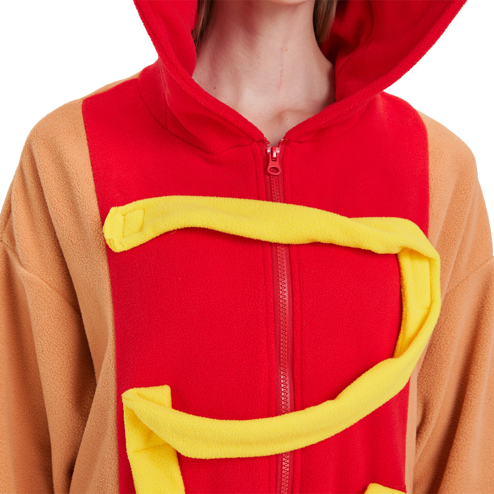 Adult Hot Dog Onesie Costume – Funny Food Pajamas with Removable Mustard Strip for Halloween & Costume Parties