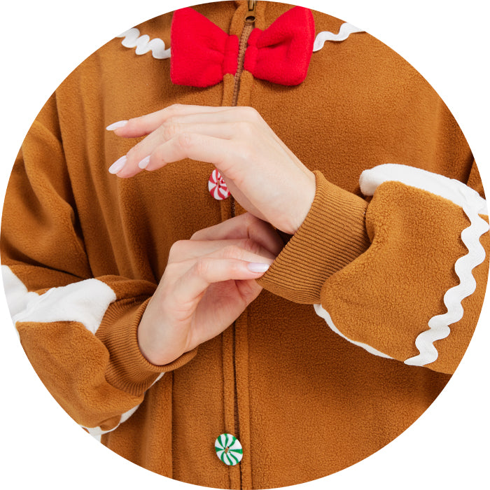 Adorable Gingerbread Man Onesie – Soft Polar Fleece Christmas Pajama Costume with Removable Santa Hat