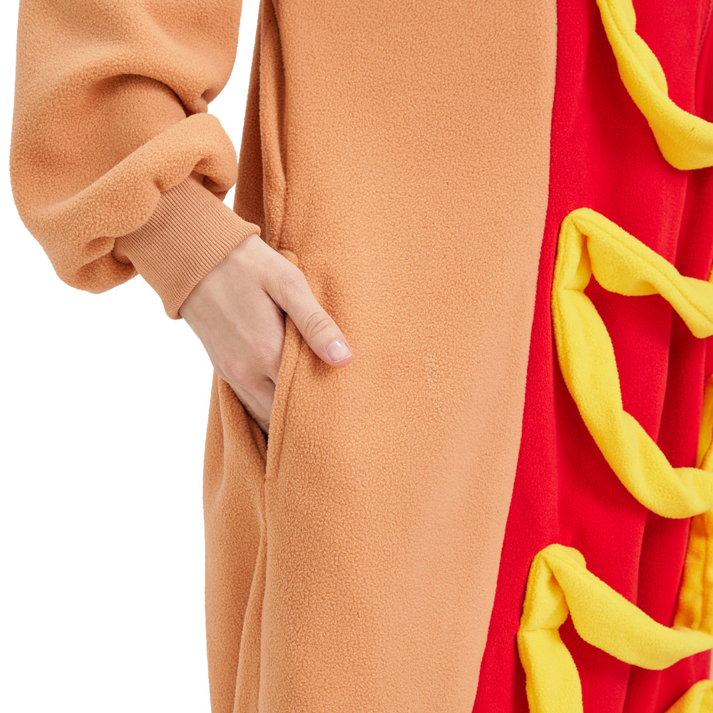 Adult Hot Dog Onesie Costume – Funny Food Pajamas with Removable Mustard Strip for Halloween & Costume Parties