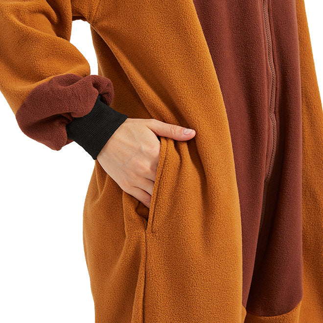 Adult Capybara Onesie Costume – Cozy Rodent Pajamas with Orange Slice Accent for Halloween & Cosplay