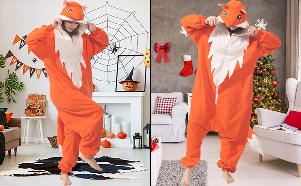 Cute Fox Onesie Costume – Soft Polar Fleece Animal Pajamas with Tail & Pockets