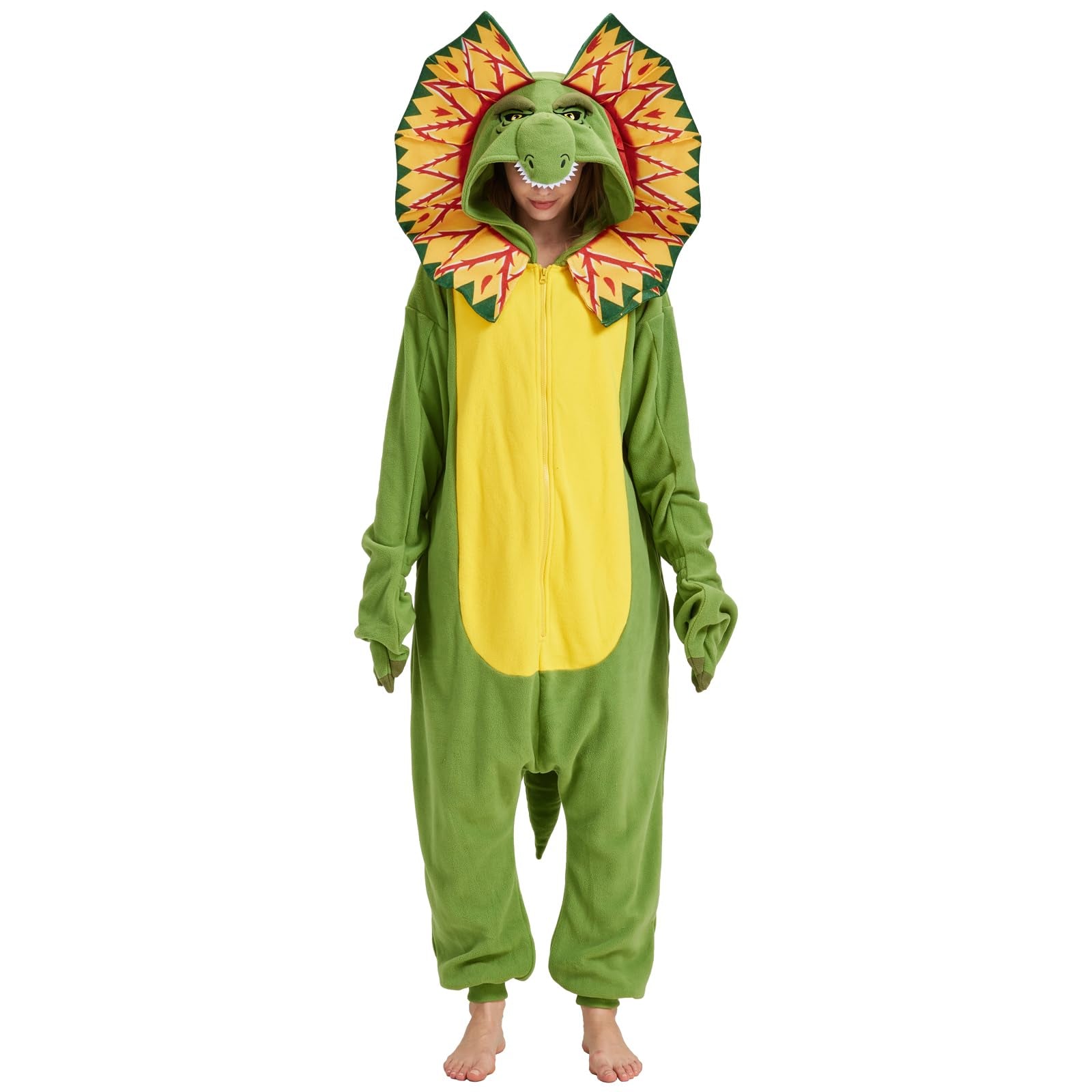 Adult Dilophosaurus Onesie Costume – Dinosaur Pajamas with Fan-Like Neck Frill for Halloween & Cosplay