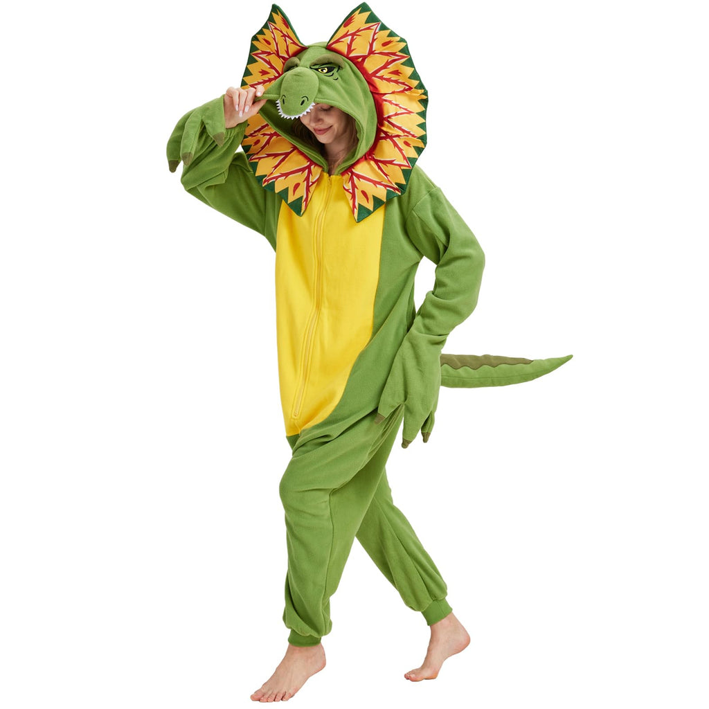 Adult Dilophosaurus Onesie Costume – Dinosaur Pajamas with Fan-Like Neck Frill for Halloween & Cosplay