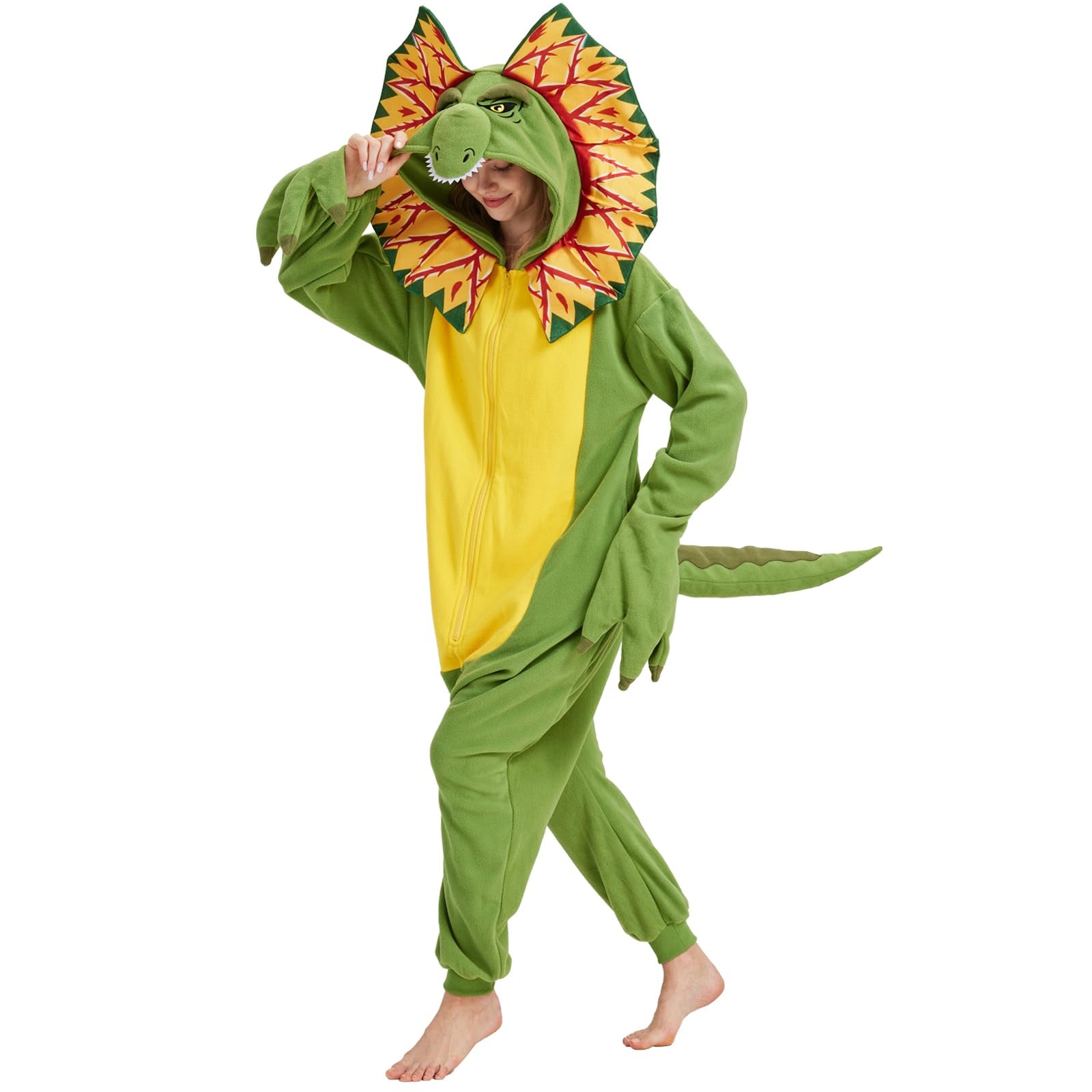 Adult Dilophosaurus Onesie Costume – Dinosaur Pajamas with Fan-Like Neck Frill for Halloween & Cosplay