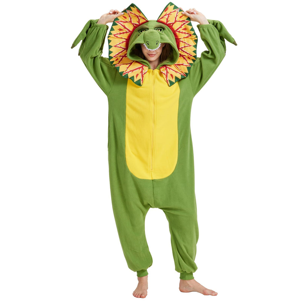 Adult Dilophosaurus Onesie Costume – Dinosaur Pajamas with Fan-Like Neck Frill for Halloween & Cosplay