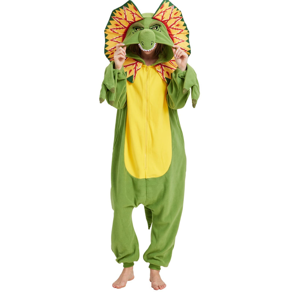 Adult Dilophosaurus Onesie Costume – Dinosaur Pajamas with Fan-Like Neck Frill for Halloween & Cosplay