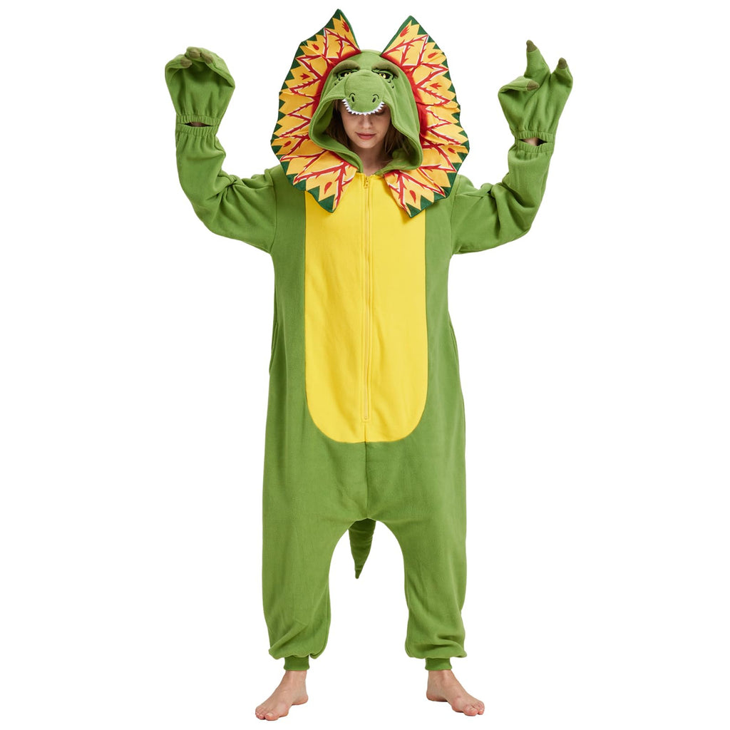 Adult Dilophosaurus Onesie Costume – Dinosaur Pajamas with Fan-Like Neck Frill for Halloween & Cosplay
