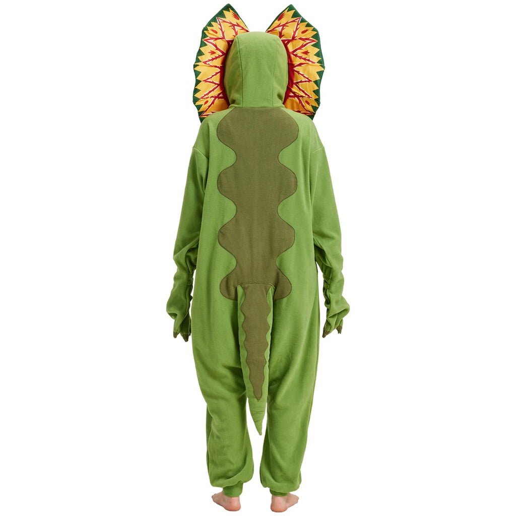 Adult Dilophosaurus Onesie Costume – Dinosaur Pajamas with Fan-Like Neck Frill for Halloween & Cosplay