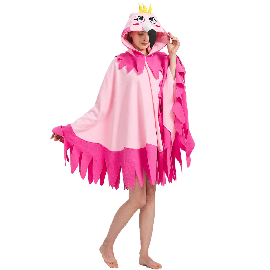 Flamingo Hooded Cape Costume – One Size Fits All Bird Poncho with Vivid Expression for Halloween & Cosplay
