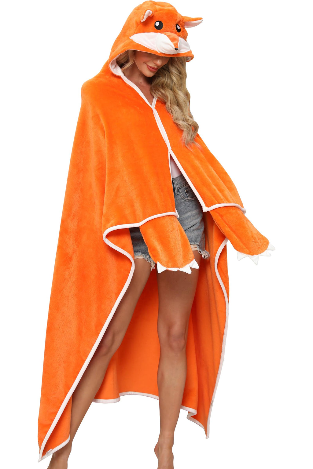 Fox Hooded Blanket – Wearable Cozy Cape with 3D Ears & Glove Sleeves for Adults, Unisex Flannel Fleece Throw