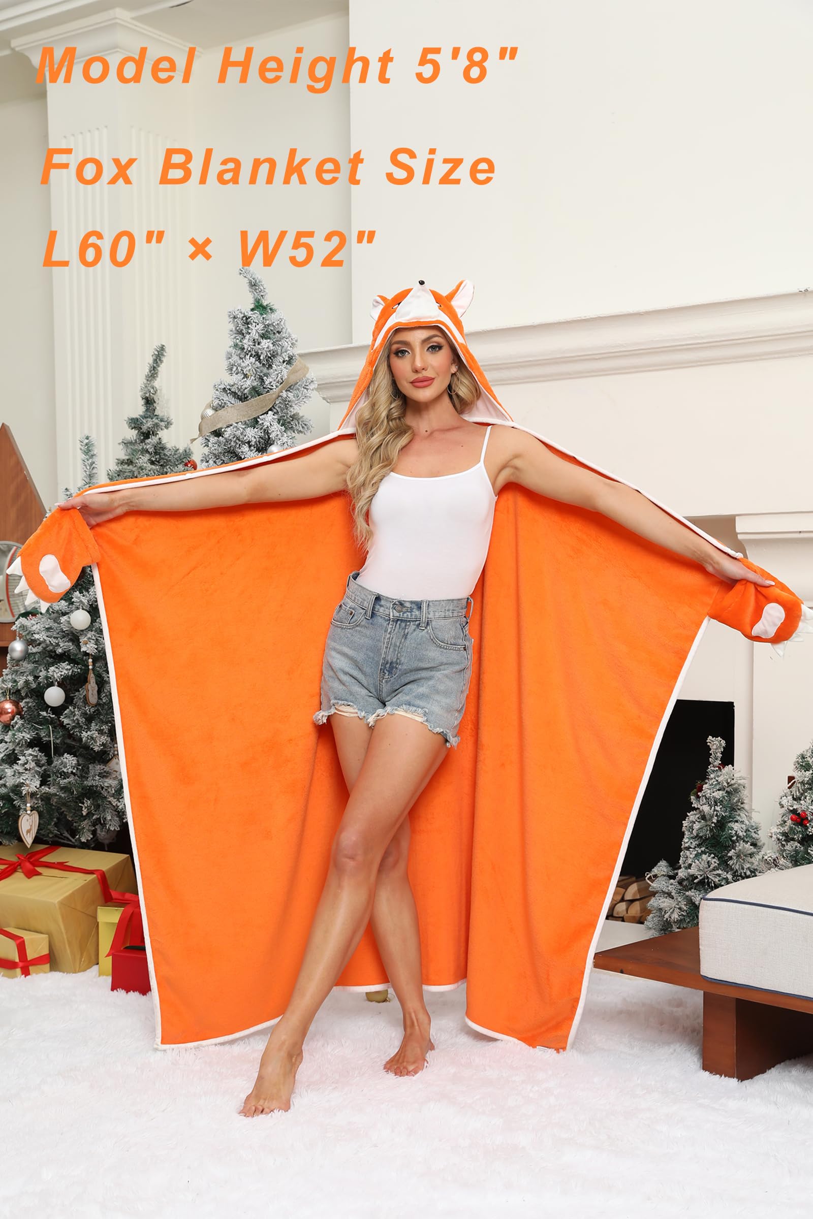 Fox Hooded Blanket – Wearable Cozy Cape with 3D Ears & Glove Sleeves for Adults, Unisex Flannel Fleece Throw