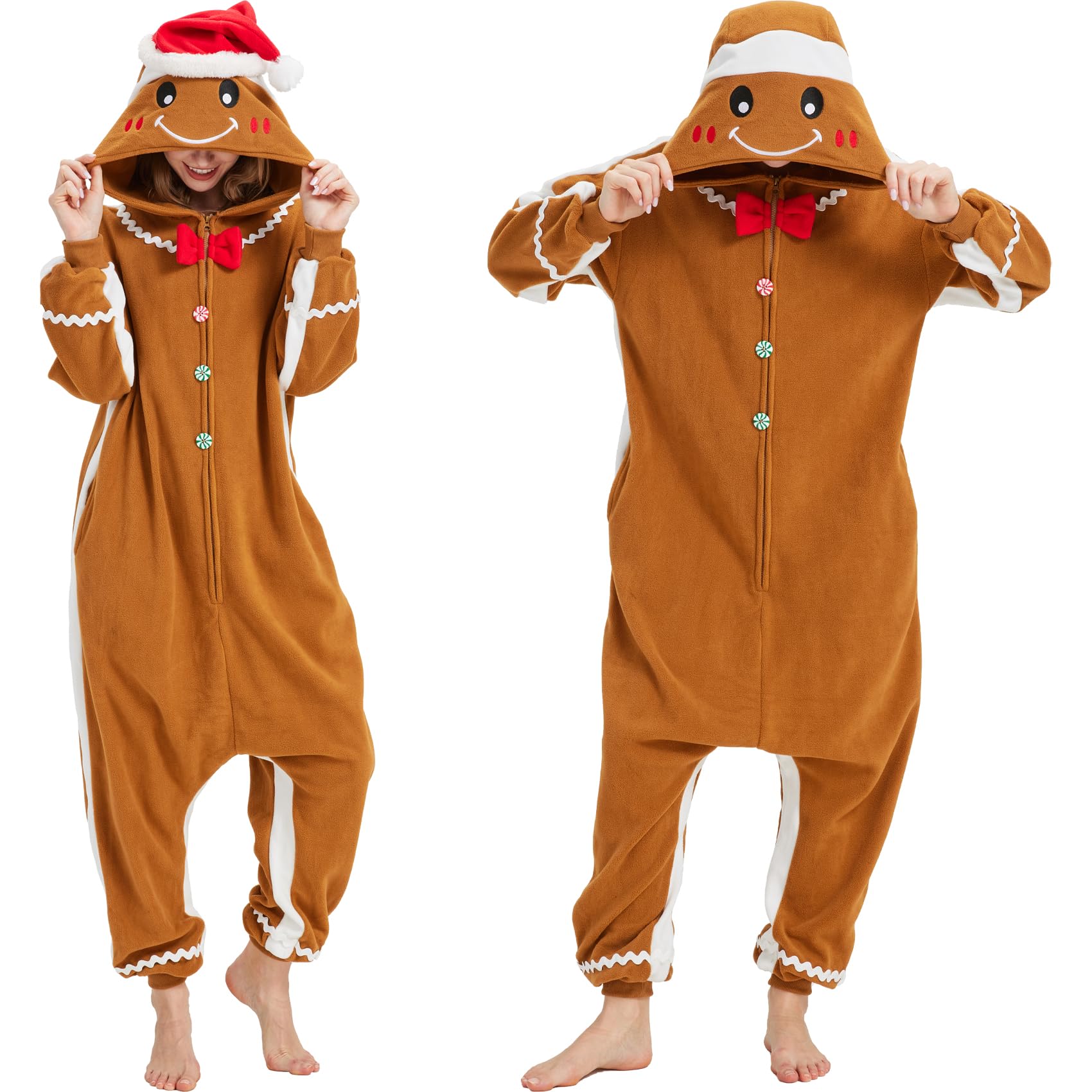 Adorable Gingerbread Man Onesie – Soft Polar Fleece Christmas Pajama Costume with Removable Santa Hat