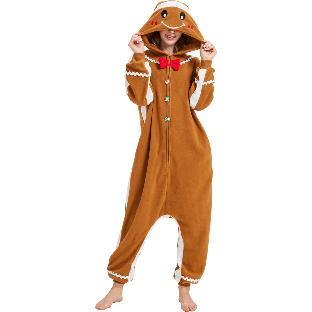 Adorable Gingerbread Man Onesie – Soft Polar Fleece Christmas Pajama Costume with Removable Santa Hat