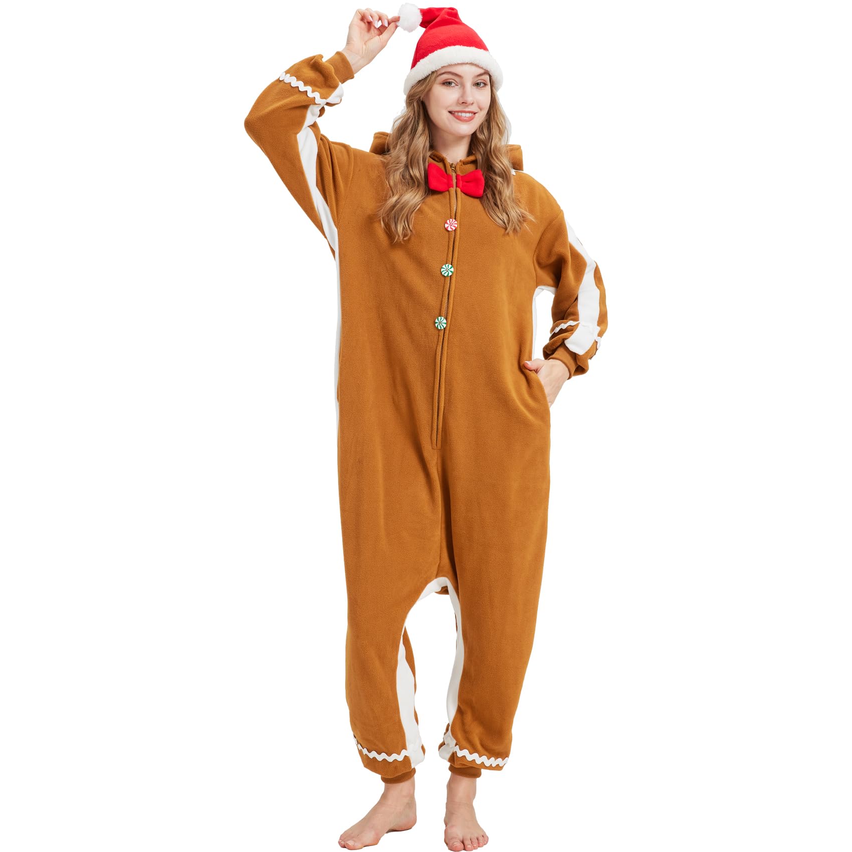 Adorable Gingerbread Man Onesie – Soft Polar Fleece Christmas Pajama Costume with Removable Santa Hat