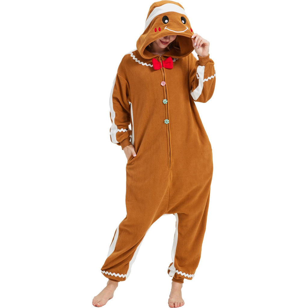 Adorable Gingerbread Man Onesie – Soft Polar Fleece Christmas Pajama Costume with Removable Santa Hat