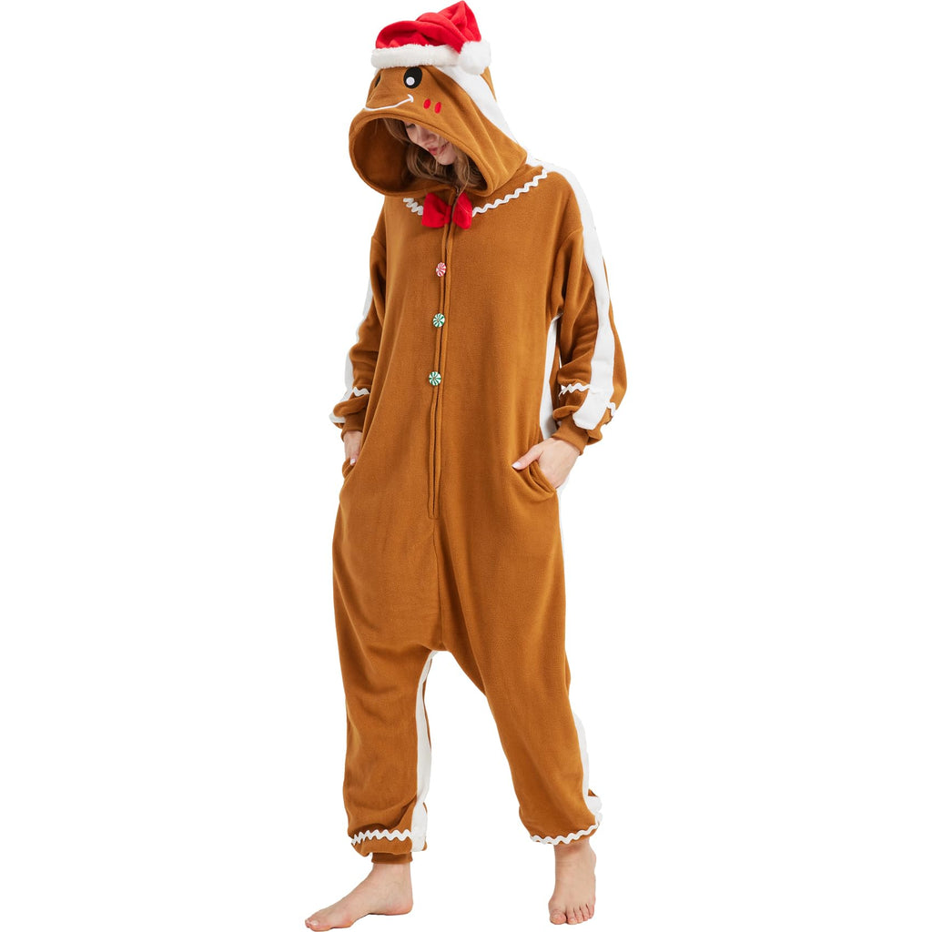 Adorable Gingerbread Man Onesie – Soft Polar Fleece Christmas Pajama Costume with Removable Santa Hat