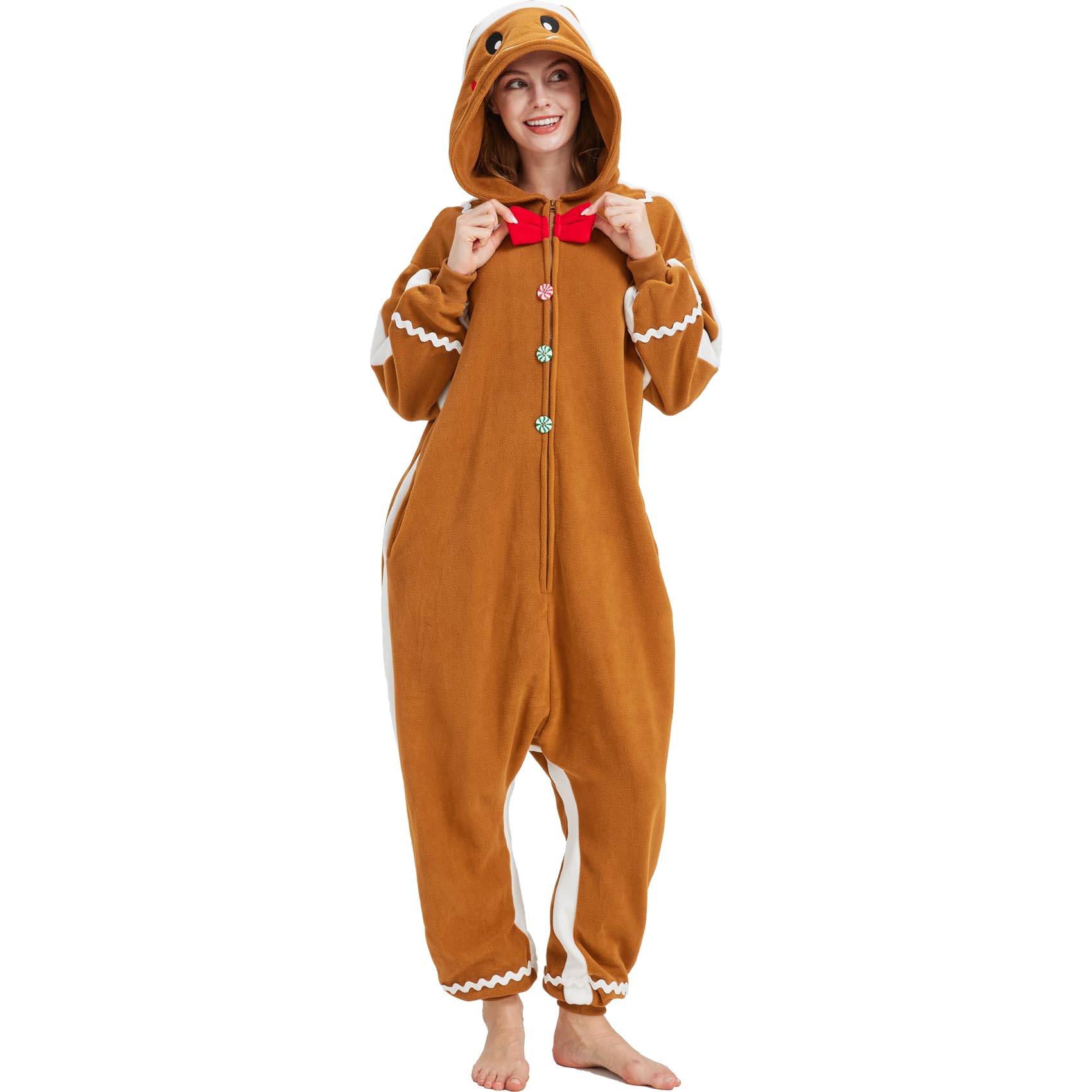 Adorable Gingerbread Man Onesie – Soft Polar Fleece Christmas Pajama Costume with Removable Santa Hat