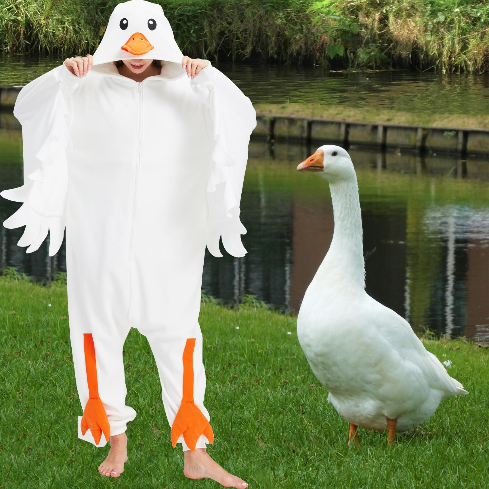 Adult Goose Onesie Costume – Funny Honking Bird Pajamas with Realistic Wings & Webbed Feet for Halloween