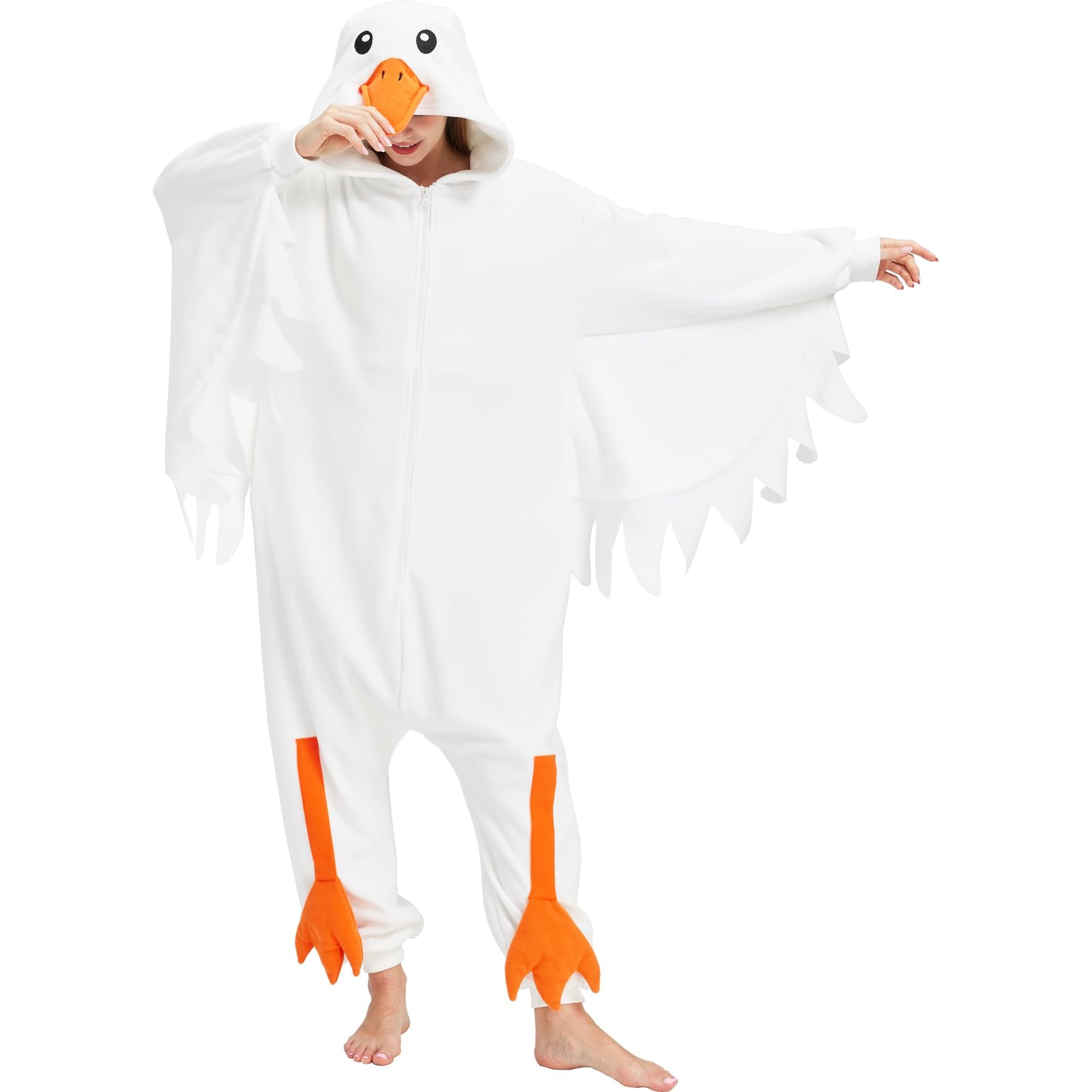 Adult Goose Onesie Costume – Funny Honking Bird Pajamas with Realistic Wings & Webbed Feet for Halloween