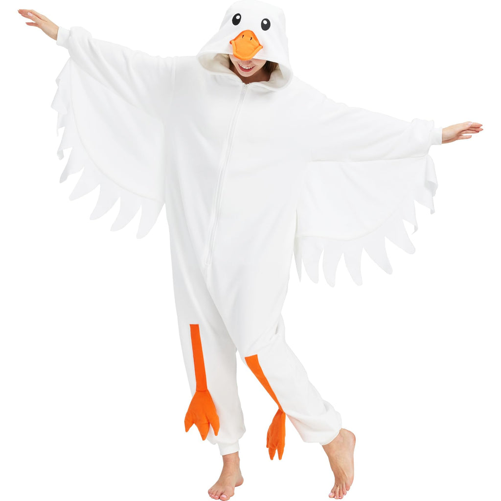 Adult Goose Onesie Costume – Funny Honking Bird Pajamas with Realistic Wings & Webbed Feet for Halloween