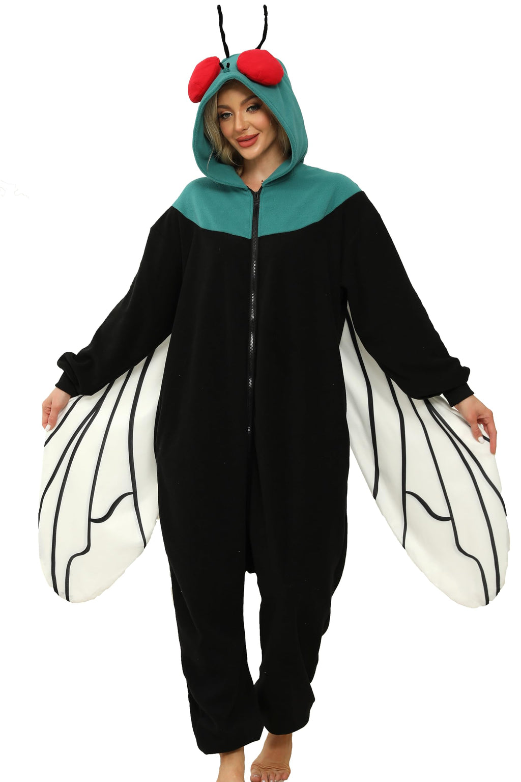 Black Fly Costume Onesie – Adult Insect Jumpsuit with Wings & Red Eyes for Halloween Cosplay
