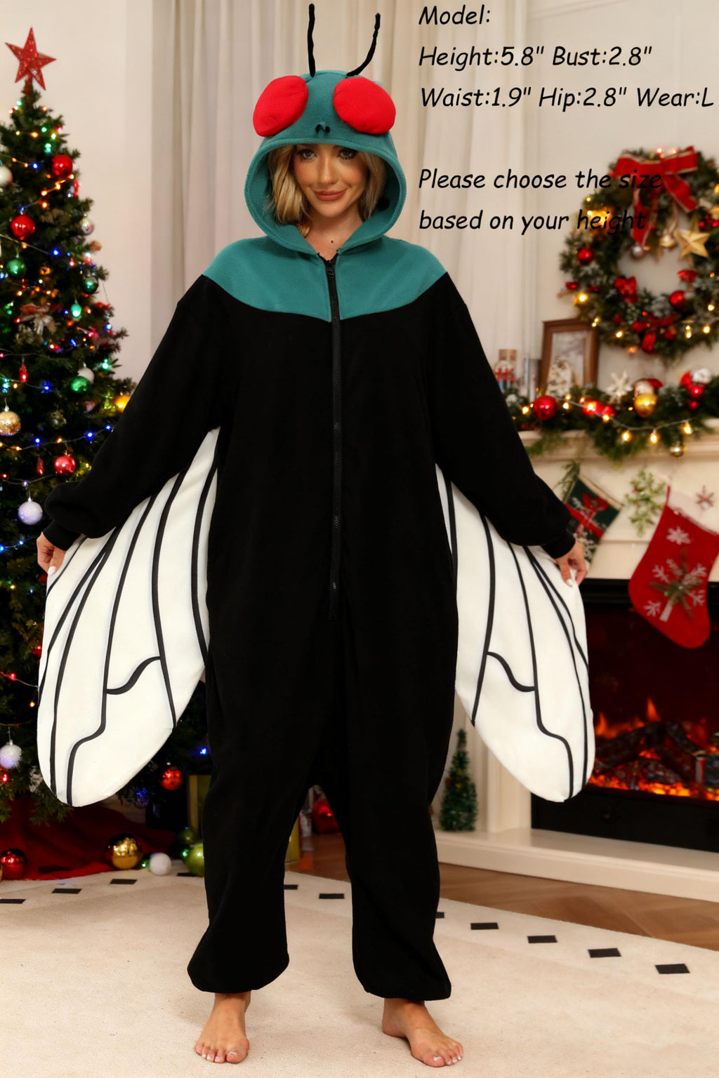 Black Fly Costume Onesie – Adult Insect Jumpsuit with Wings & Red Eyes for Halloween Cosplay
