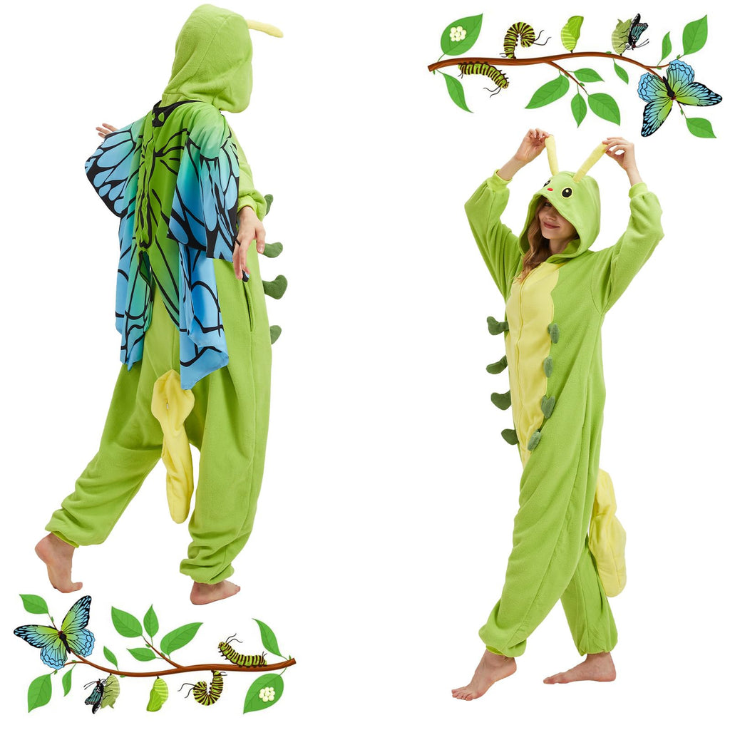 Adult Caterpillar Butterfly Onesie Costume – Metamorphosis Pajamas with Hidden Wings for Halloween & Cosplay