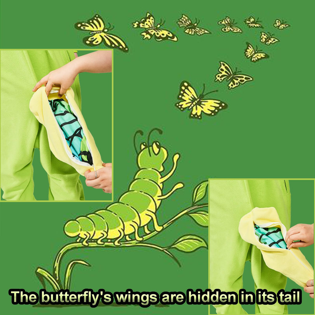 Adult Caterpillar Butterfly Onesie Costume – Metamorphosis Pajamas with Hidden Wings for Halloween & Cosplay