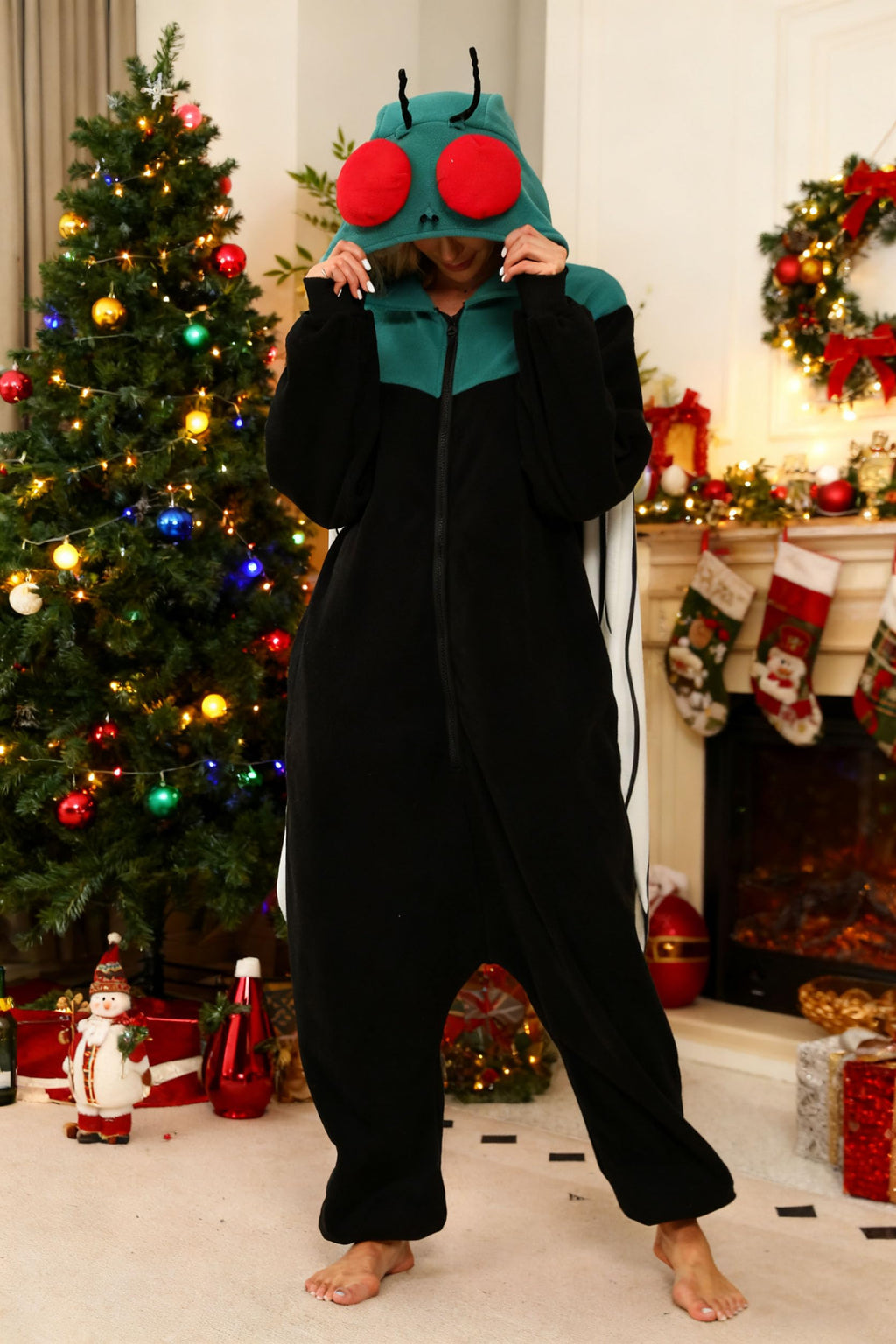 Black Fly Costume Onesie – Adult Insect Jumpsuit with Wings & Red Eyes for Halloween Cosplay