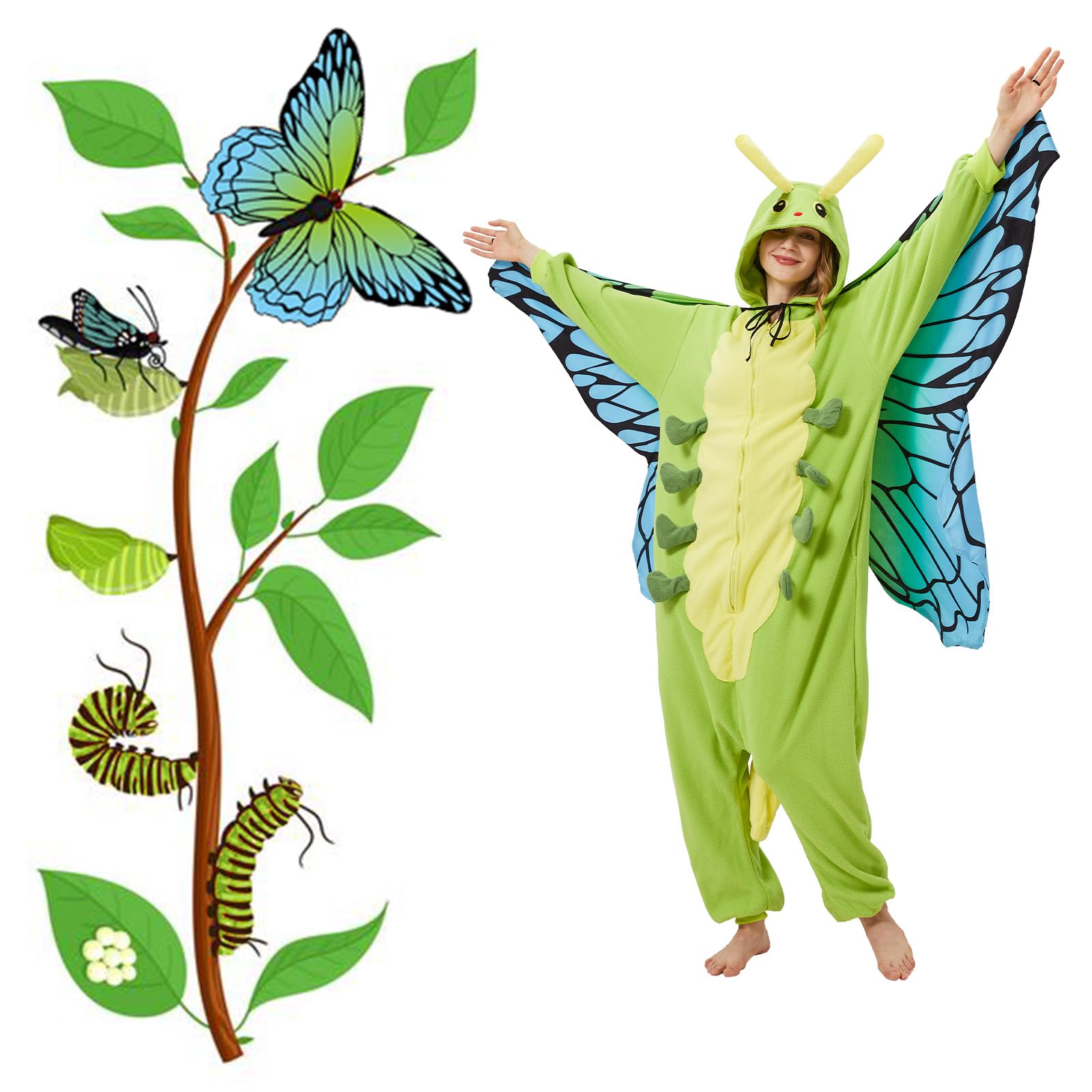 Adult Caterpillar Butterfly Onesie Costume – Metamorphosis Pajamas with Hidden Wings for Halloween & Cosplay