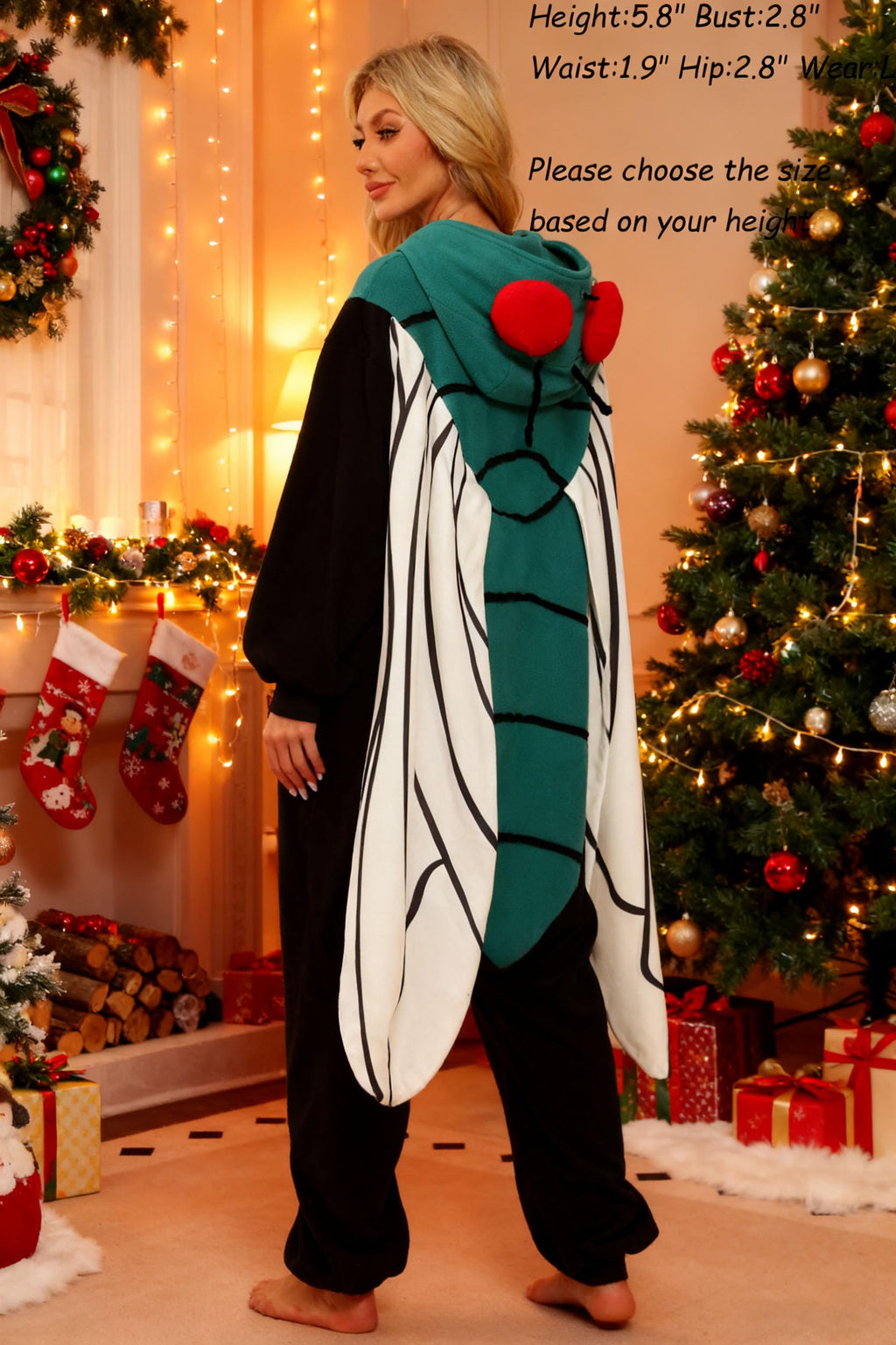 Black Fly Costume Onesie – Adult Insect Jumpsuit with Wings & Red Eyes for Halloween Cosplay
