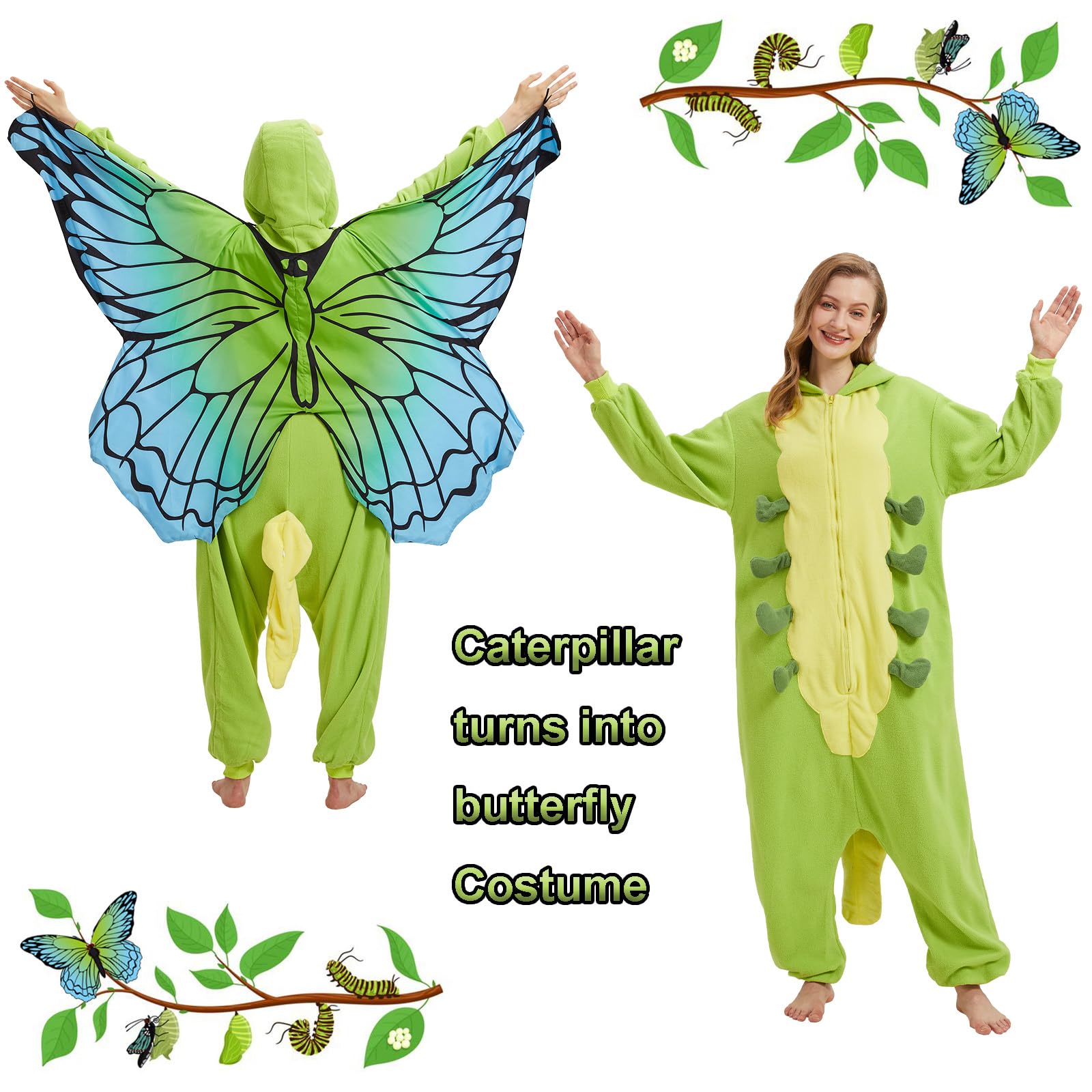 Adult Caterpillar Butterfly Onesie Costume – Metamorphosis Pajamas with Hidden Wings for Halloween & Cosplay