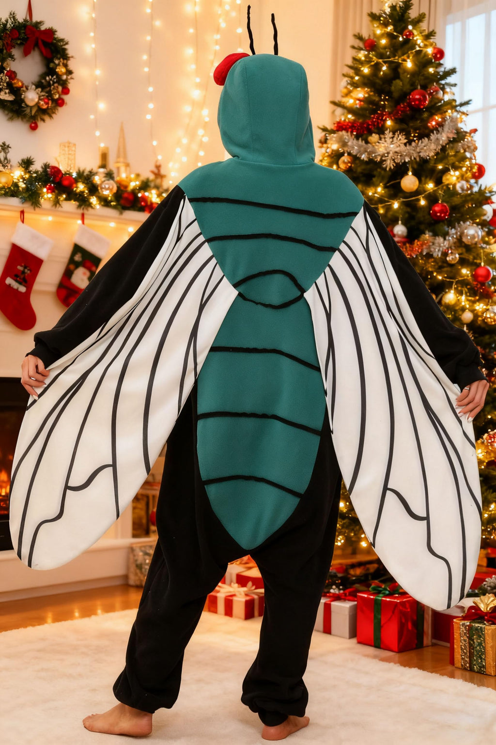 Black Fly Costume Onesie – Adult Insect Jumpsuit with Wings & Red Eyes for Halloween Cosplay