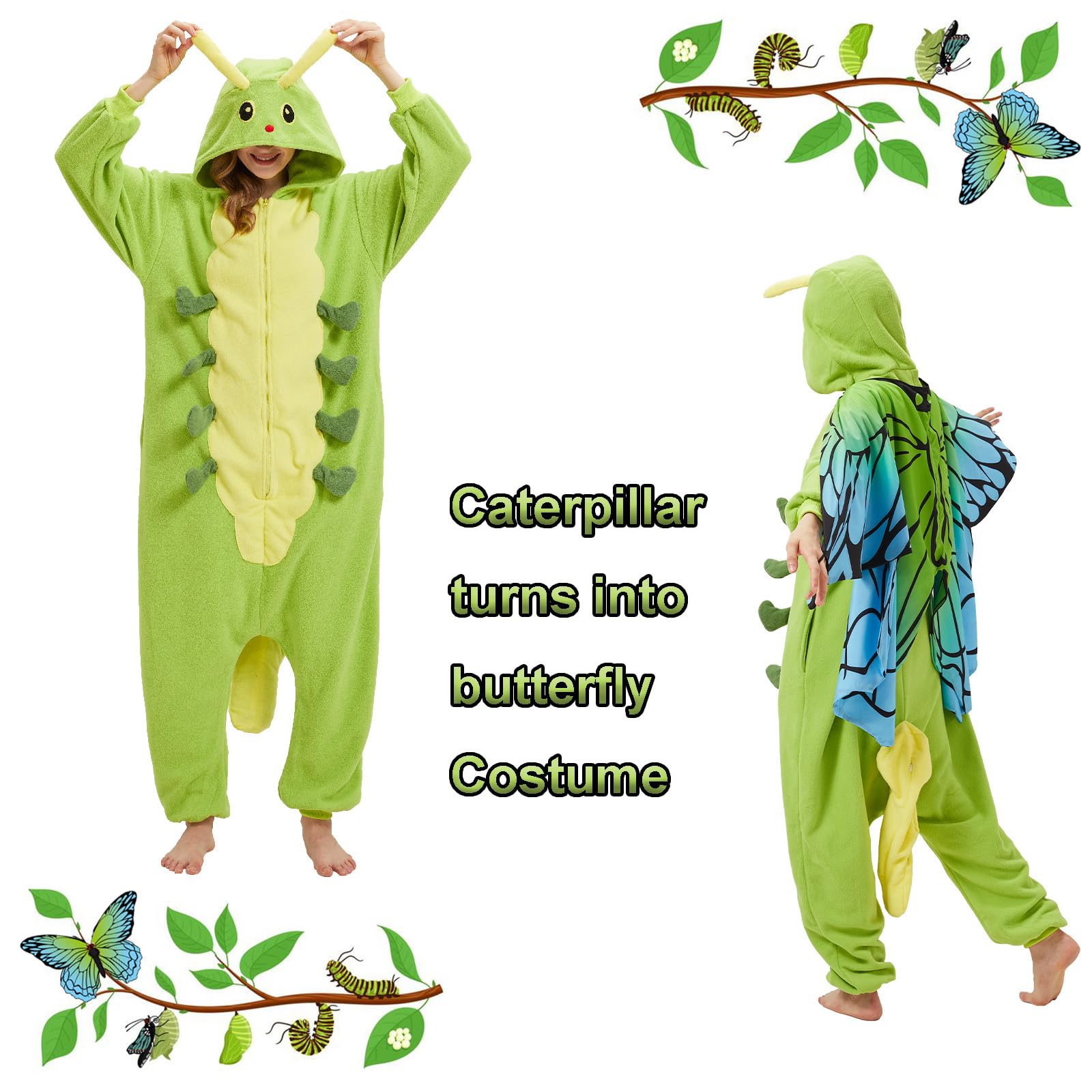 Adult Caterpillar Butterfly Onesie Costume – Metamorphosis Pajamas with Hidden Wings for Halloween & Cosplay