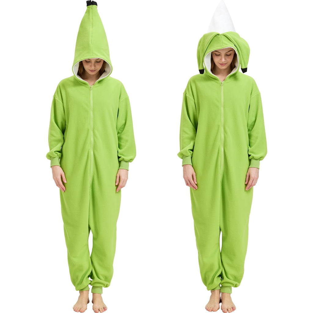 Adult Green Banana Onesie Costume – Unripe Fruit Pajamas with Peel Hood for Halloween & Fruit-Themed Parties