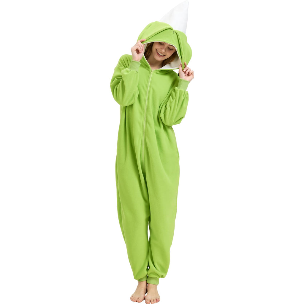 Adult Green Banana Onesie Costume – Unripe Fruit Pajamas with Peel Hood for Halloween & Fruit-Themed Parties