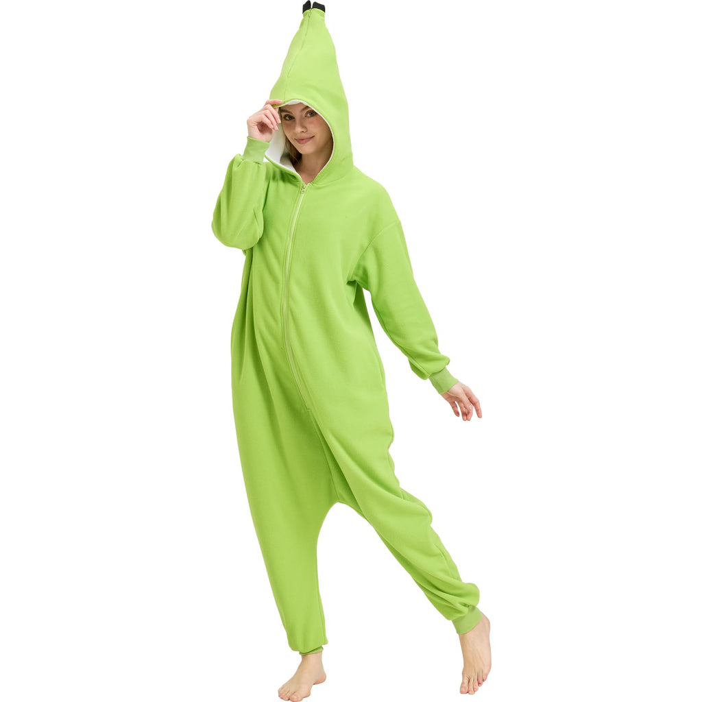 Adult Green Banana Onesie Costume – Unripe Fruit Pajamas with Peel Hood for Halloween & Fruit-Themed Parties