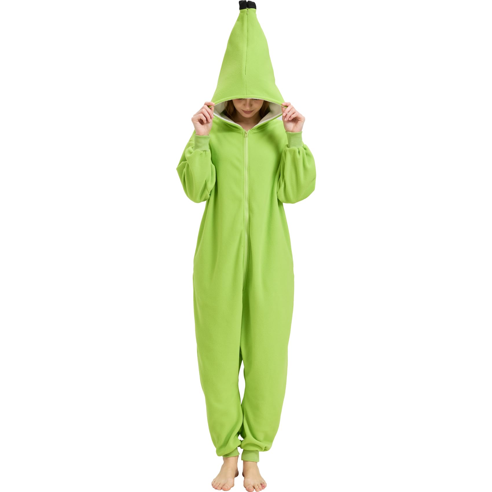 Adult Green Banana Onesie Costume – Unripe Fruit Pajamas with Peel Hood for Halloween & Fruit-Themed Parties