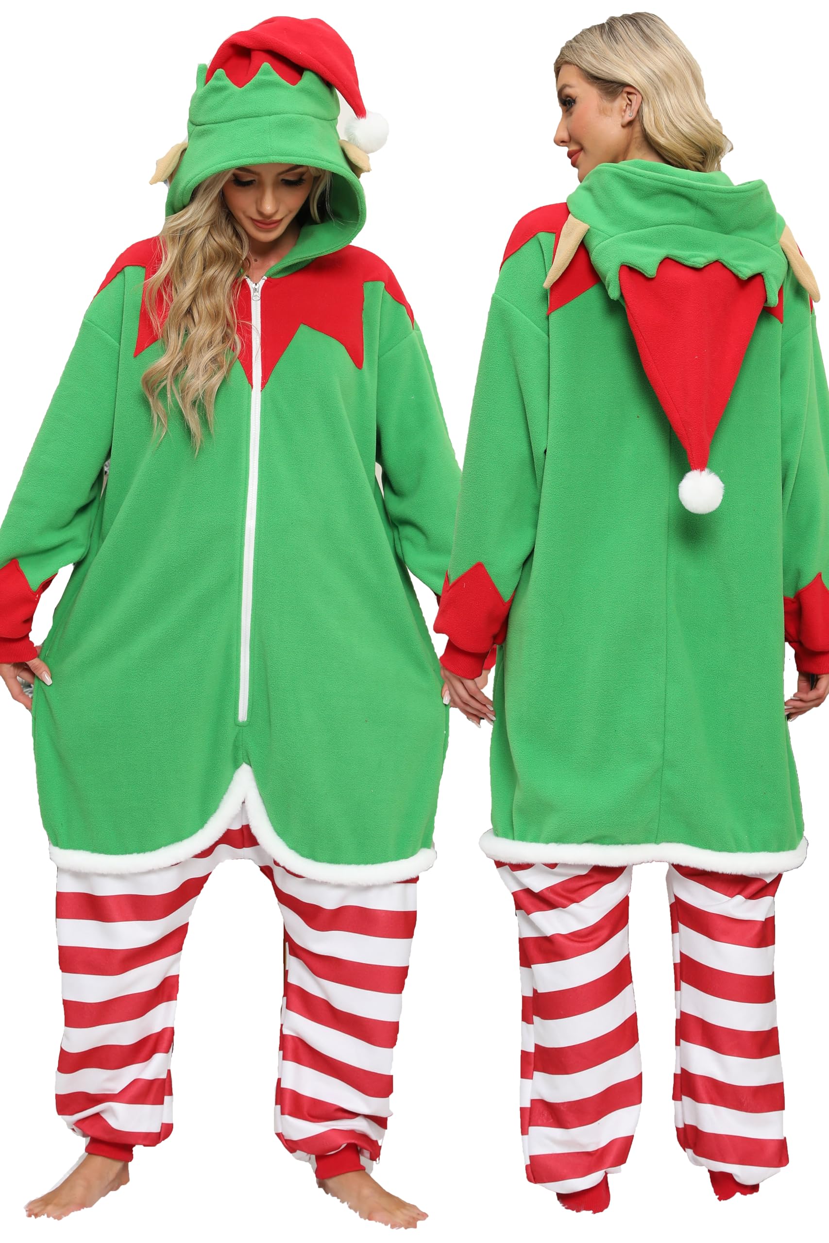 Adult Elf Onesie Costume – Christmas-Themed Women's Pajamas with Festive Design for Holiday Parties & Lounging