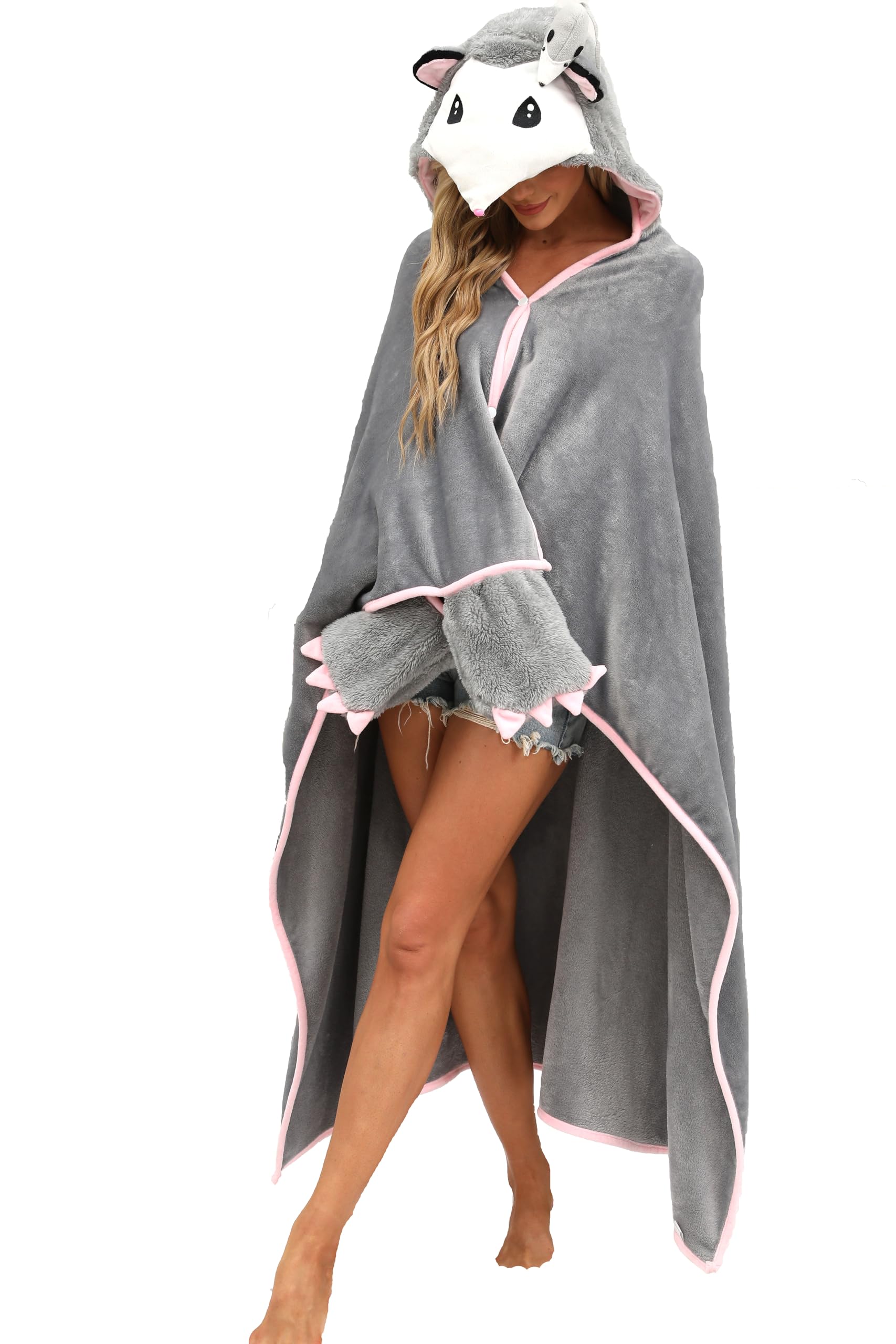 Opossum Hooded Blanket – Wearable Cozy Cape with Hood for Adults, Unisex Flannel Fleece Throw for Lounging