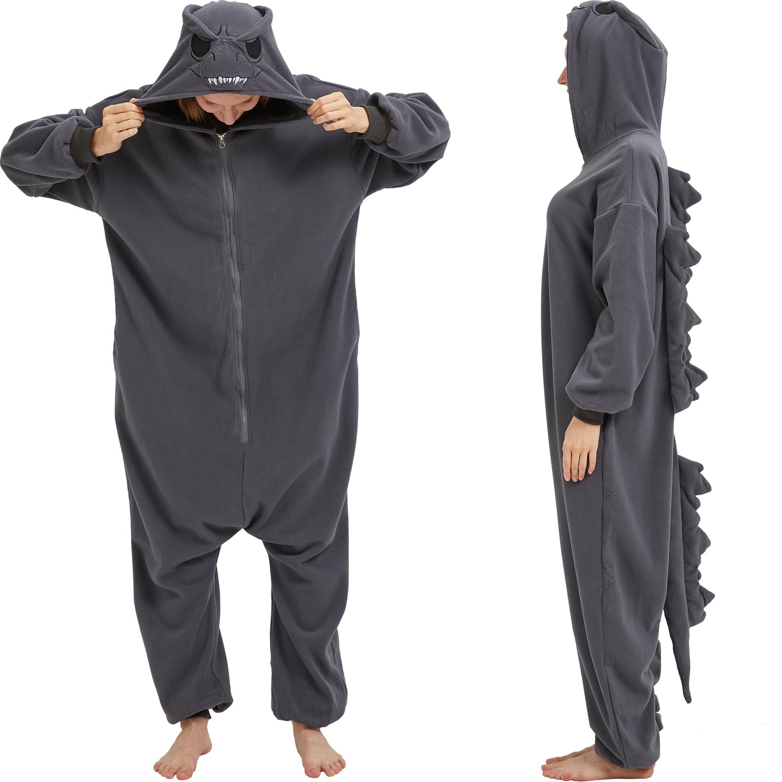 Adult Dinosaur Iguana Monster Onesie Costume – Prehistoric Reptile Pajamas with Lifelike Hood for Halloween & Cosplay