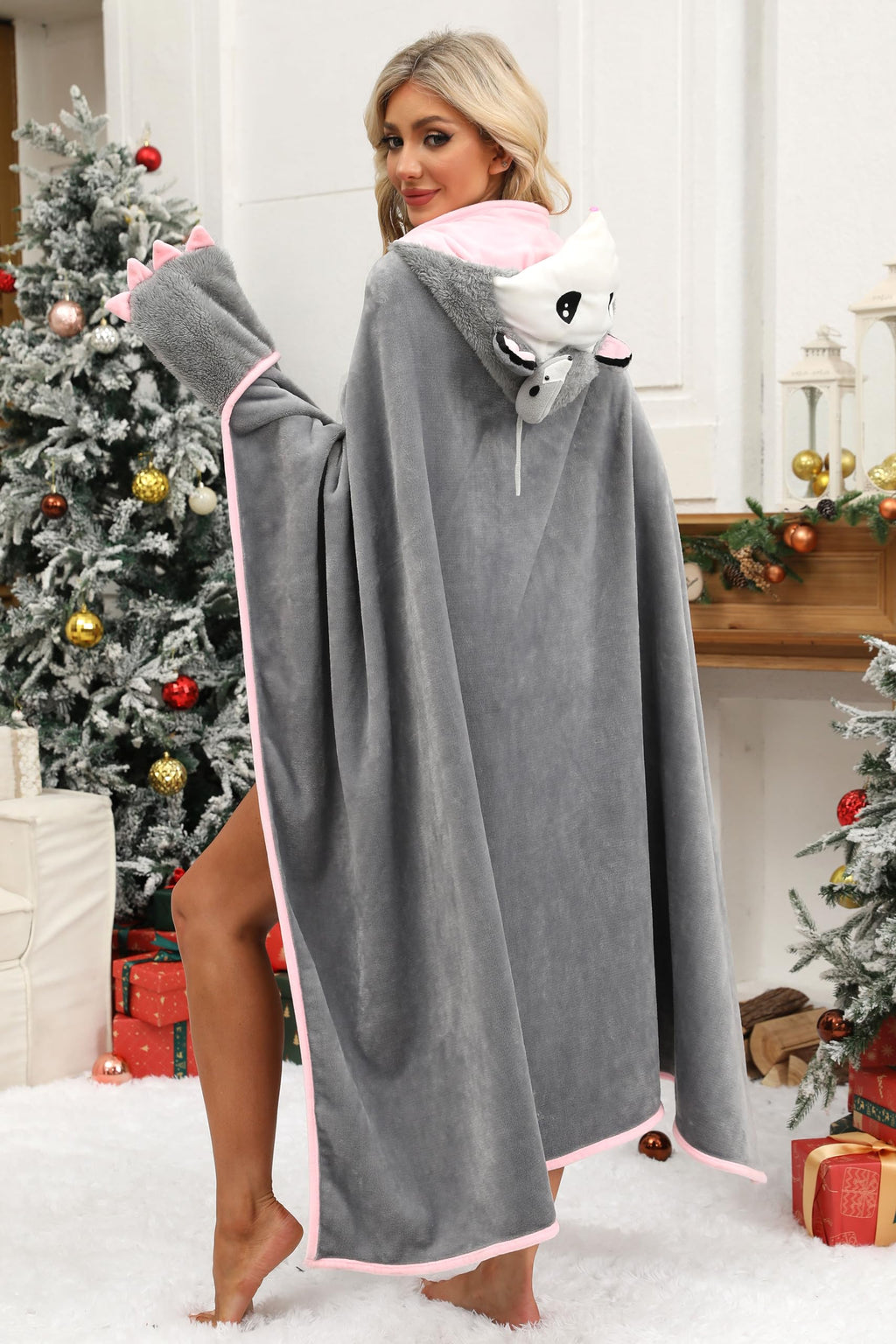 Opossum Hooded Blanket – Wearable Cozy Cape with Hood for Adults, Unisex Flannel Fleece Throw for Lounging