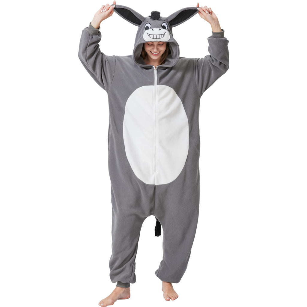 Adult Donkey Onesie Costume – Adorable Farm Animal Pajamas with Hooded Ears for Halloween & Lounging