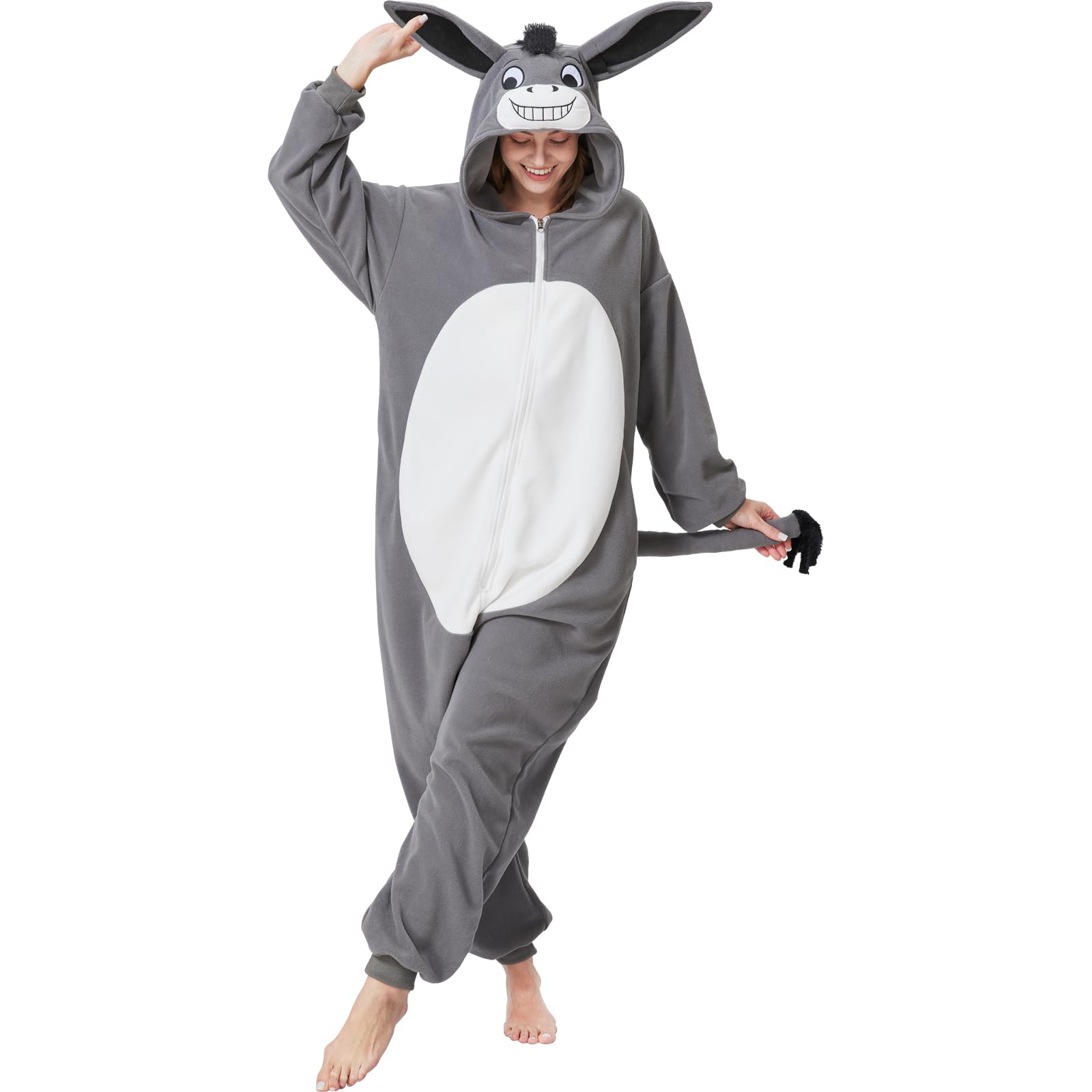 Adult Donkey Onesie Costume – Adorable Farm Animal Pajamas with Hooded Ears for Halloween & Lounging