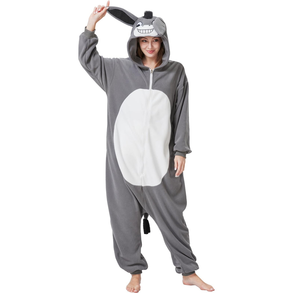 Adult Donkey Onesie Costume – Adorable Farm Animal Pajamas with Hooded Ears for Halloween & Lounging