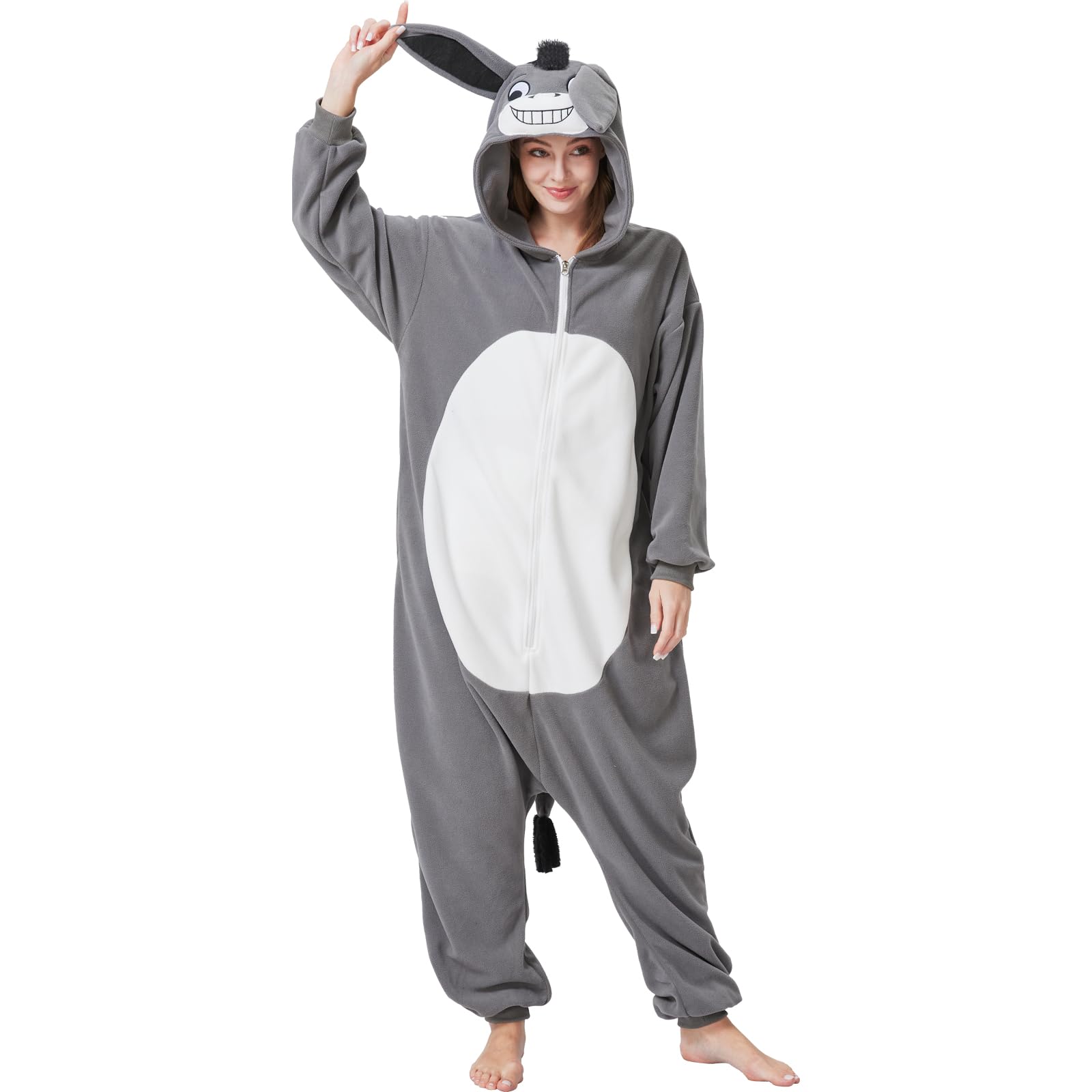 Adult Donkey Onesie Costume – Adorable Farm Animal Pajamas with Hooded Ears for Halloween & Lounging