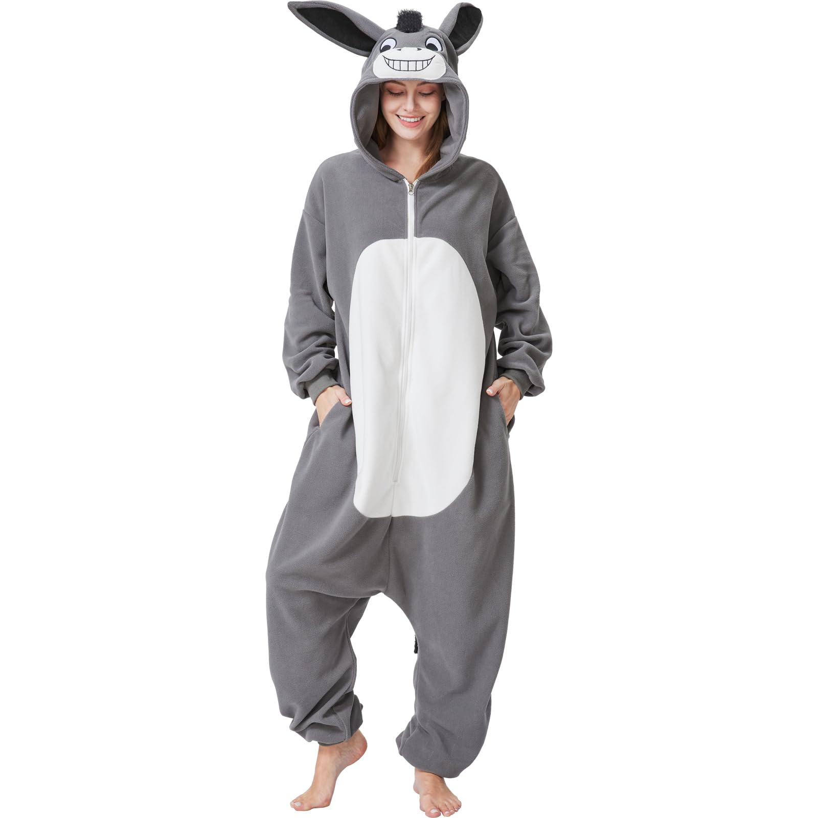 Adult Donkey Onesie Costume – Adorable Farm Animal Pajamas with Hooded Ears for Halloween & Lounging